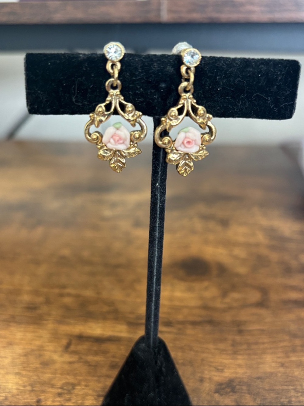 1928 Gold-Tone Drop Earrings with Pink Rose and Clear Stone